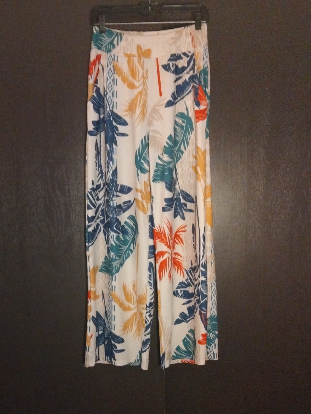 Wide Leg Tropical Print Lounge Pants - White with Teal, Navy, Mustard & Coral